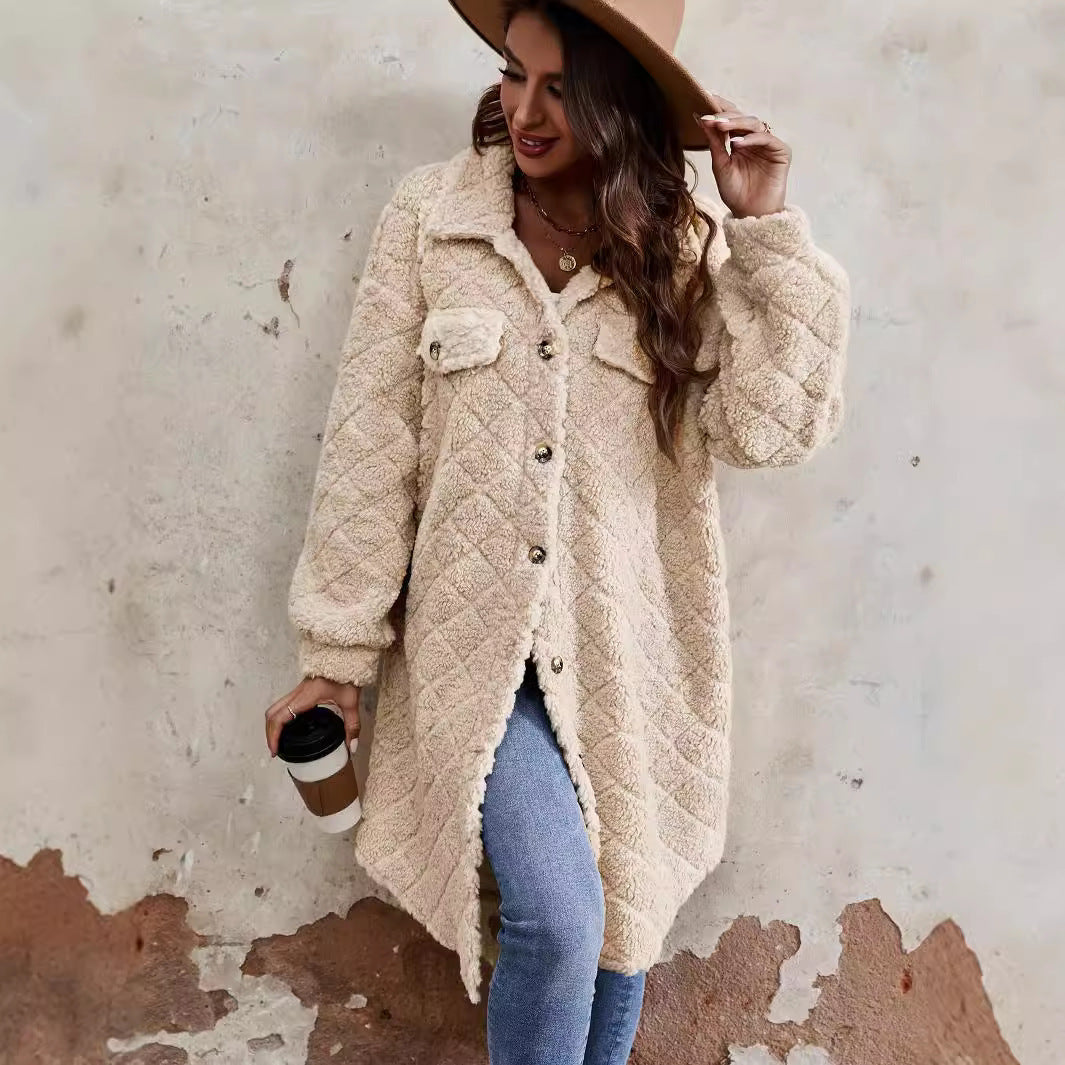 Fashion Pocket Lapels Plush Warm Long Sleeves Coat