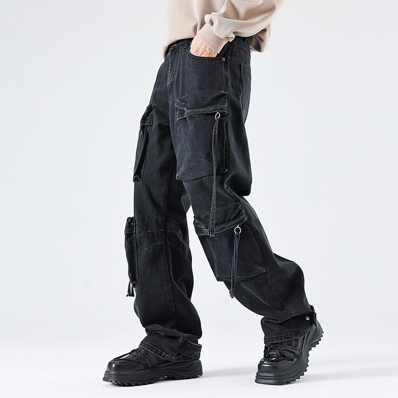 Workwear Multi-pocket Straight-leg Pants Black Design Wide-leg Trousers