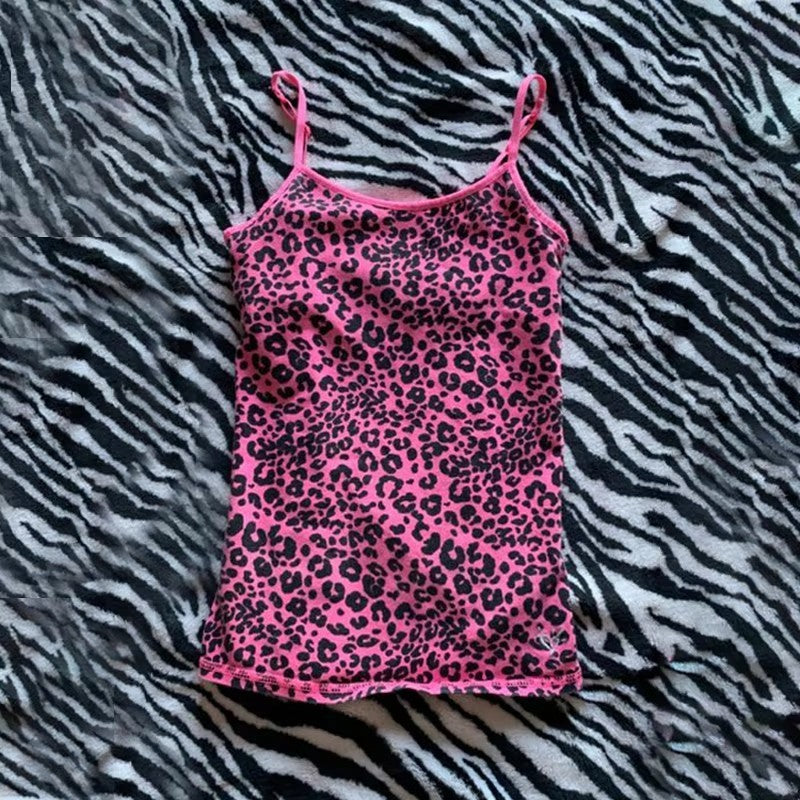 Leopard Print Sexy Hot Girl All-match Fashion Street Style Elegance Sleeveless Slim Strap Top