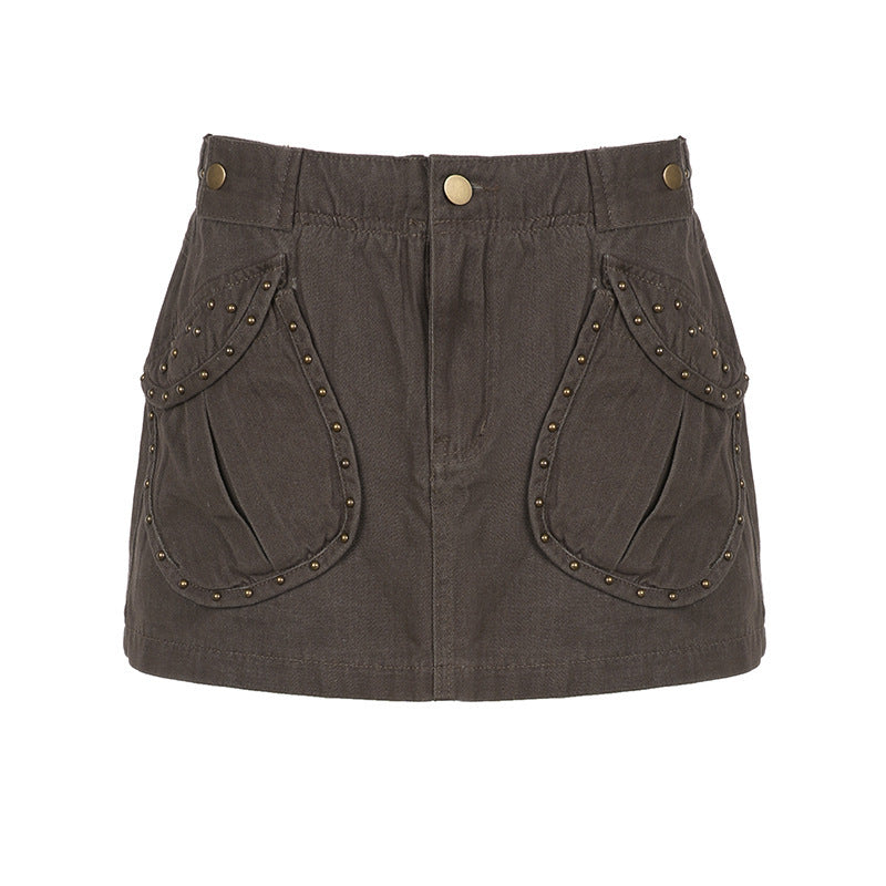 American Retro Rivet Pocket Denim Skirt