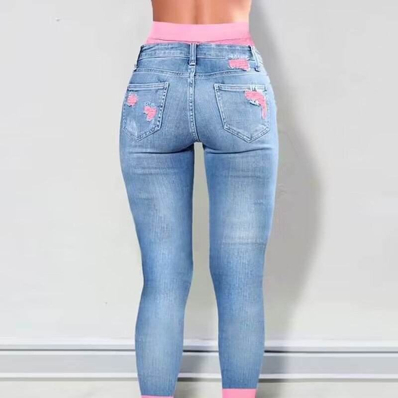 Fashion Colorblock Rolled Hem Distressed Cropped Jeans