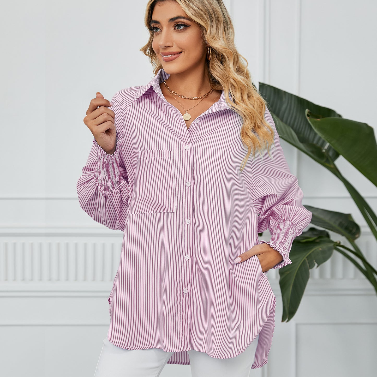 Women's Cuff Pleating Loose Striped Shirt Top