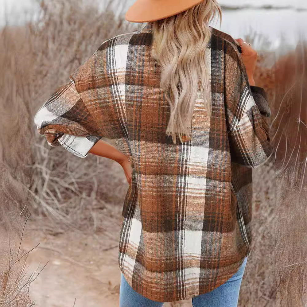 Casual Women's Lapel Loose Plaid Mid-length Blouse