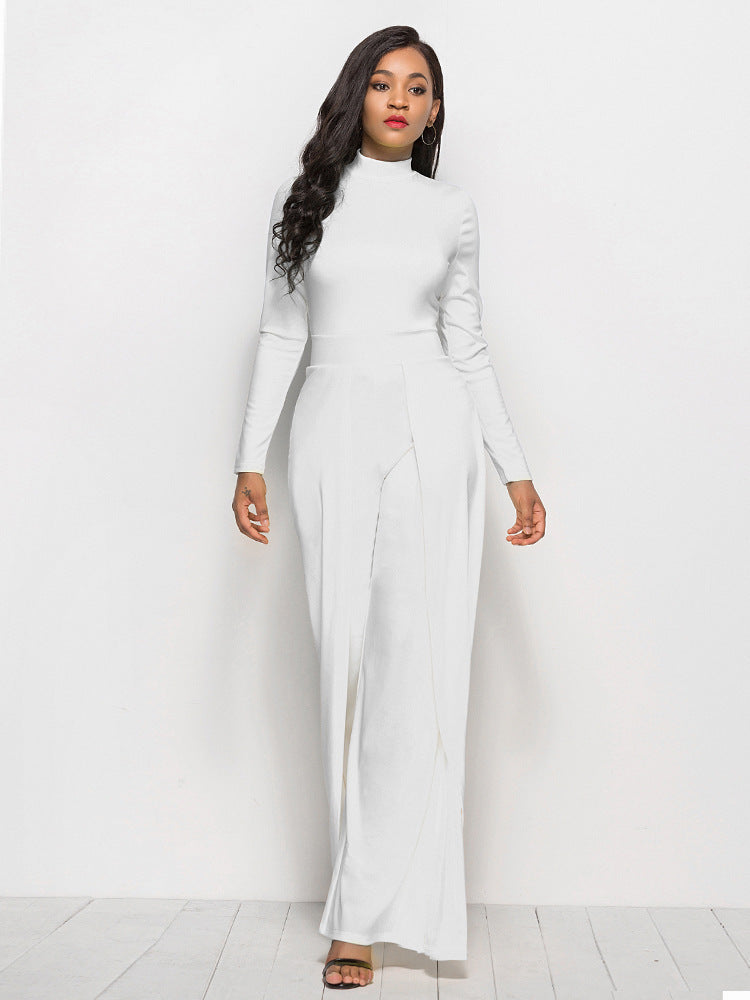 Fashion Round Neck Long Sleeve Wide Leg Jumpsuit