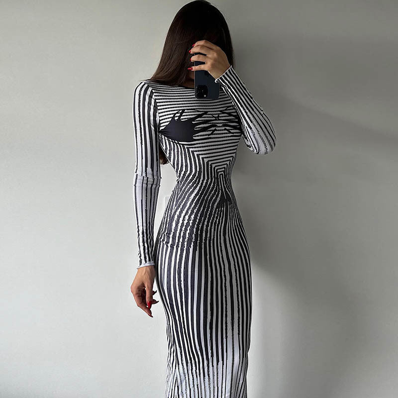 Round Neck Long-sleeved Shirt Slim Striped Print Bodycon Dress