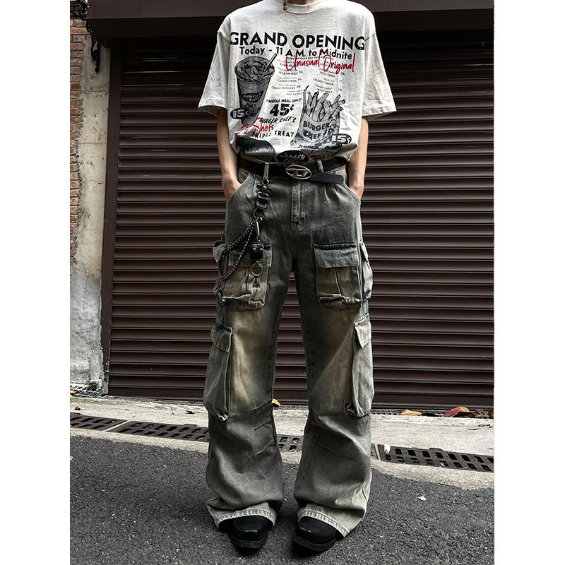 Retro Workwear Multi-pocket Functional Casual Jeans Straight-leg Wide-leg Pants