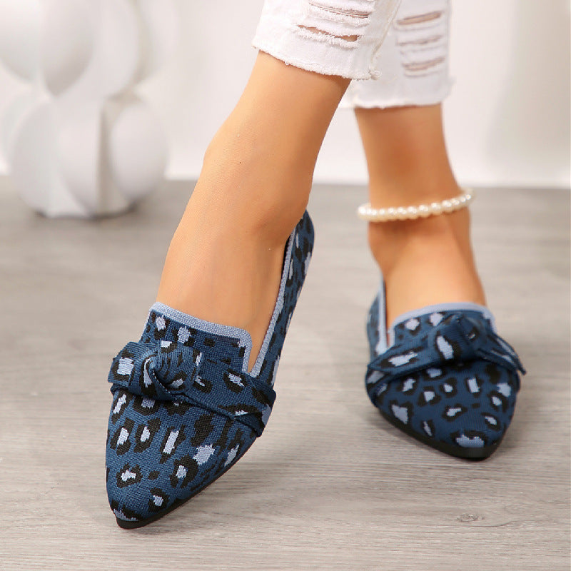 Plus Size Flyknit Flat Low-cut Shoes Female Pointed-toe Bowknot Boat Shoes