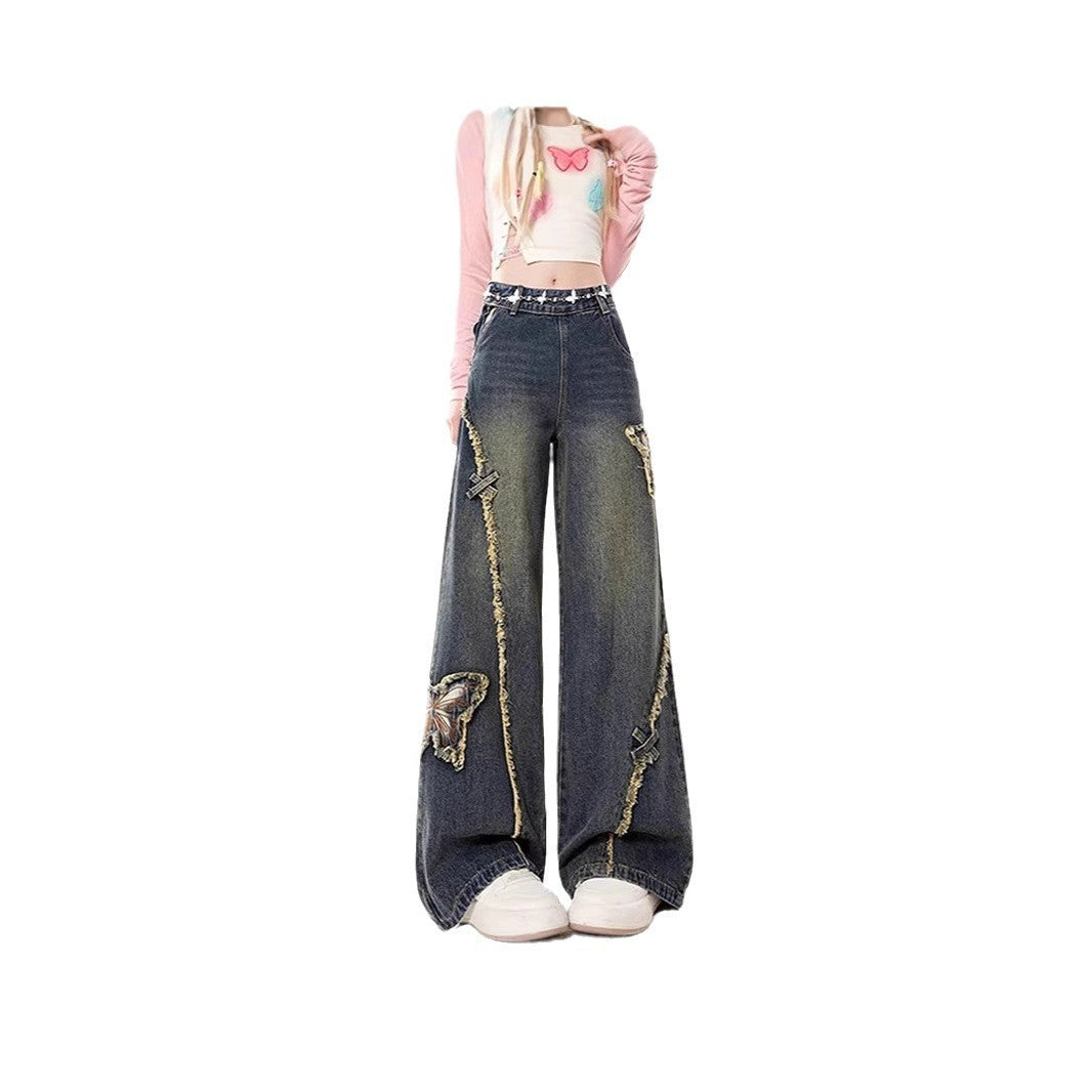 Retro Butterfly Patch Raw Edge Denim New High Street Design Straight Mop Pants