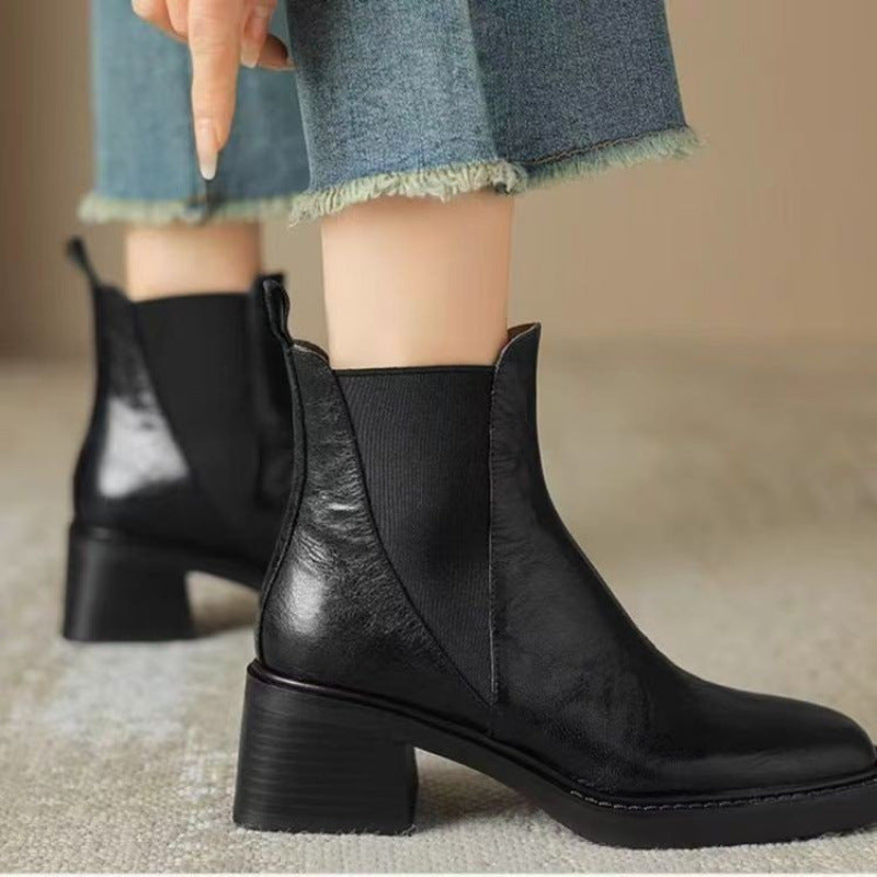 Women's Soft Leather Chunky Heel French Boots