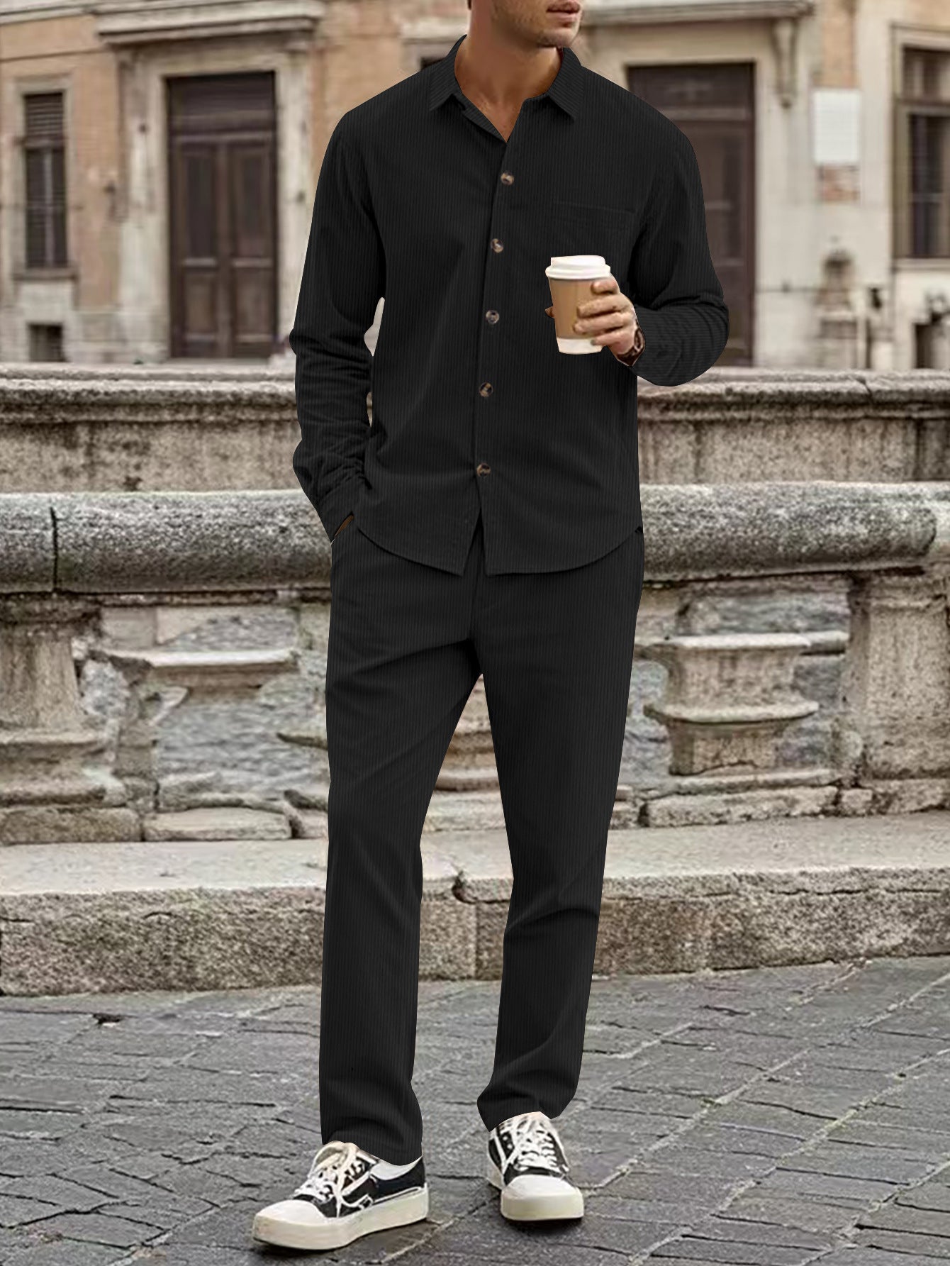 Casual Sports Lapel Long Sleeve Button Cardigan Trousers