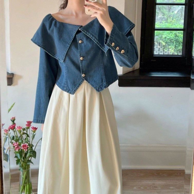 Lapel Long Sleeve Denim Waist-controlled Top Mid-length Skirt