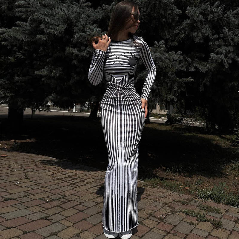 Round Neck Long-sleeved Shirt Slim Striped Print Bodycon Dress