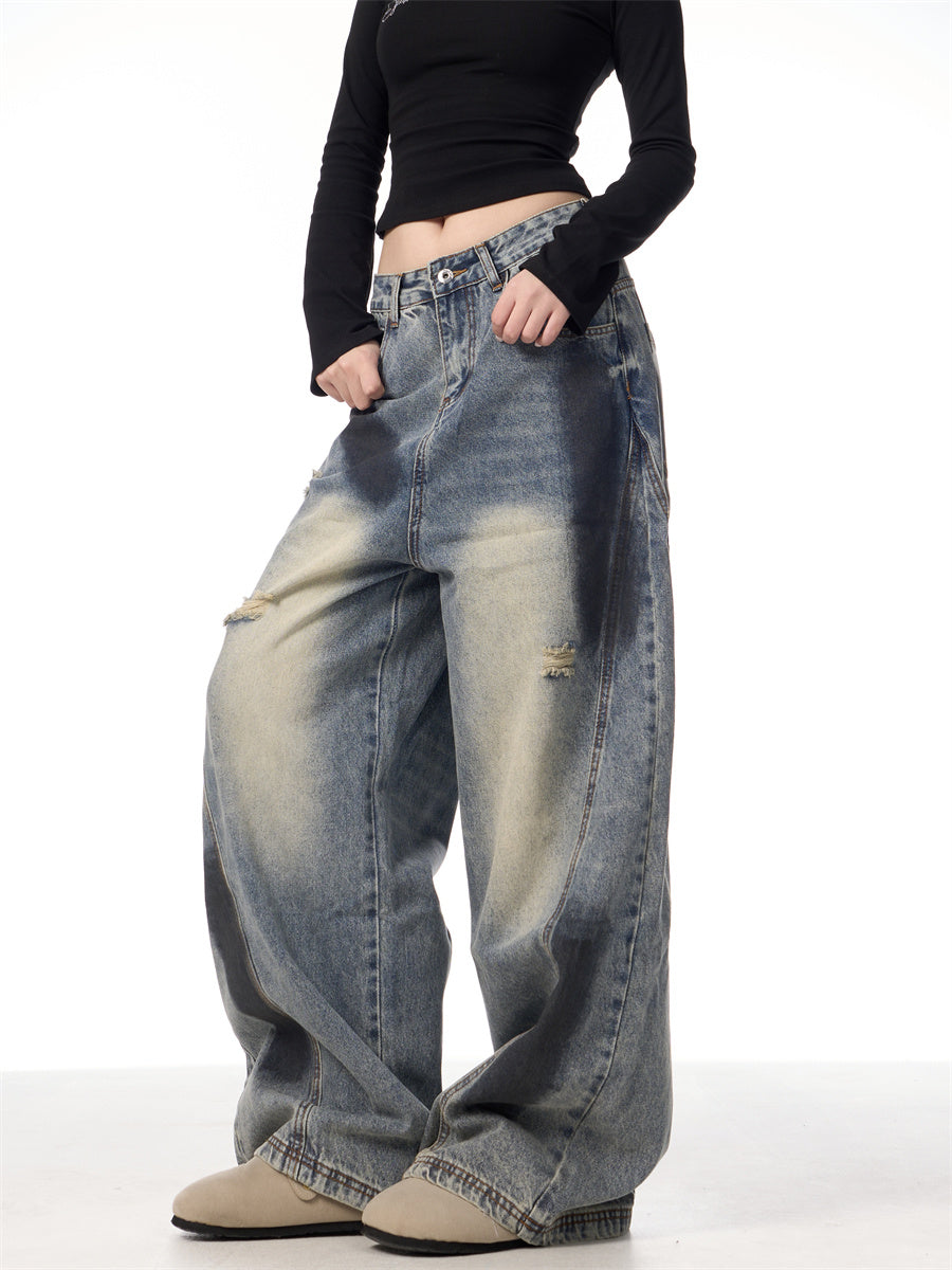 Splash Ink Ripped Machete Jeans For Women Loose-fitting Wide-leg Trousers