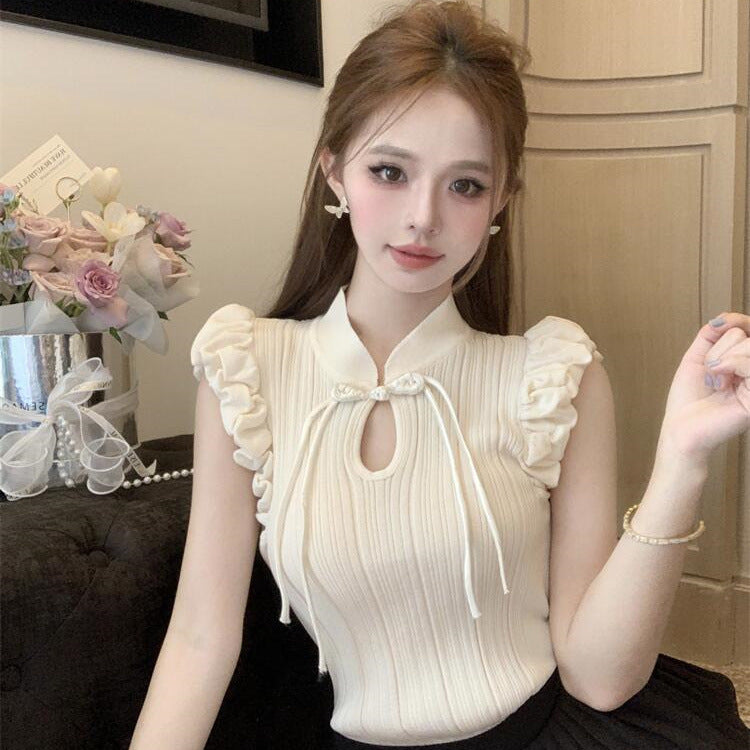 New Chinese Style Retro Buckle Puffed Sleeves Elegant Top