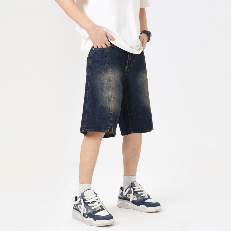 American-style Retro Washed Split Design Denim Shorts For Men