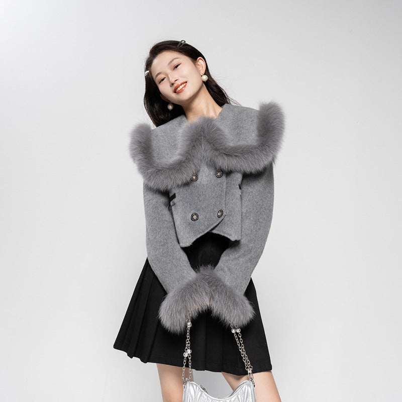 Fox Fur Lapel Sweet Small Short High Waist Woolen Coat