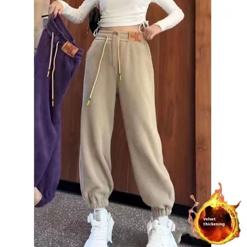 Fleece-lined Thick Track Pants Medium And Large Children Autumn And Winter Warm And Loose Leisure One Lambswool Outer Wear Trousers