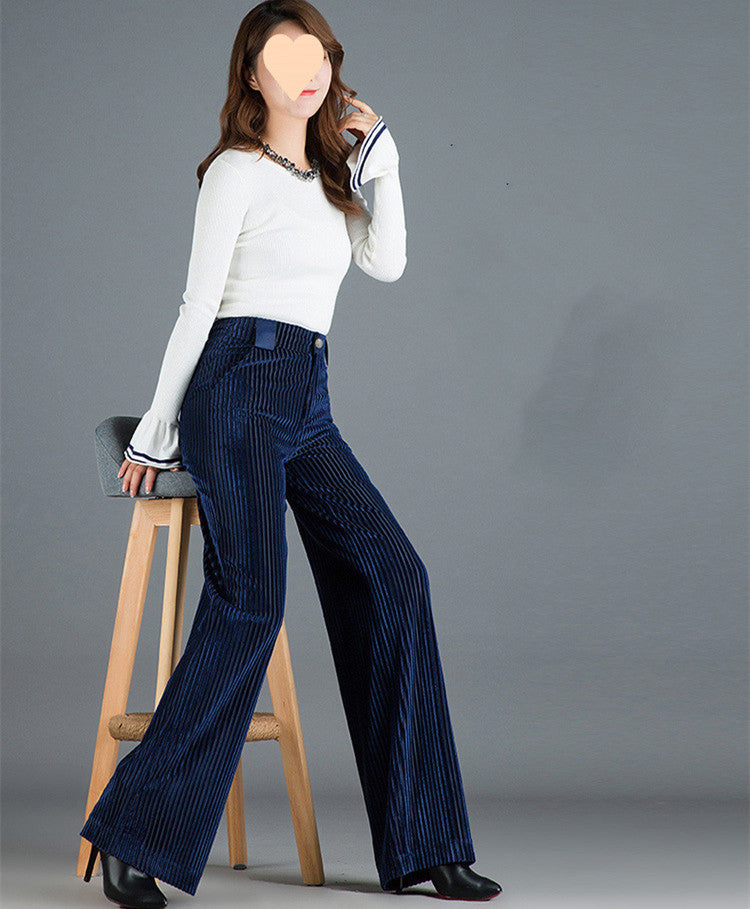 Gold Silk Striped Velvet Wide Leg Pants Women