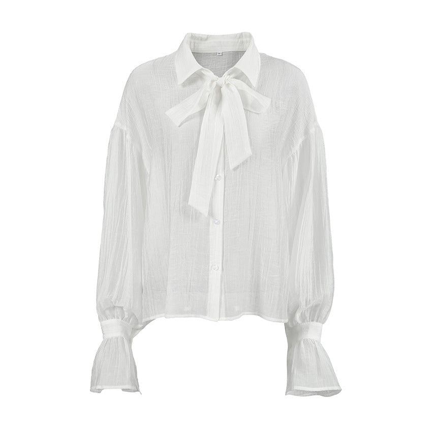 Bow Tie See-through Crepe Bell Sleeve Shirt