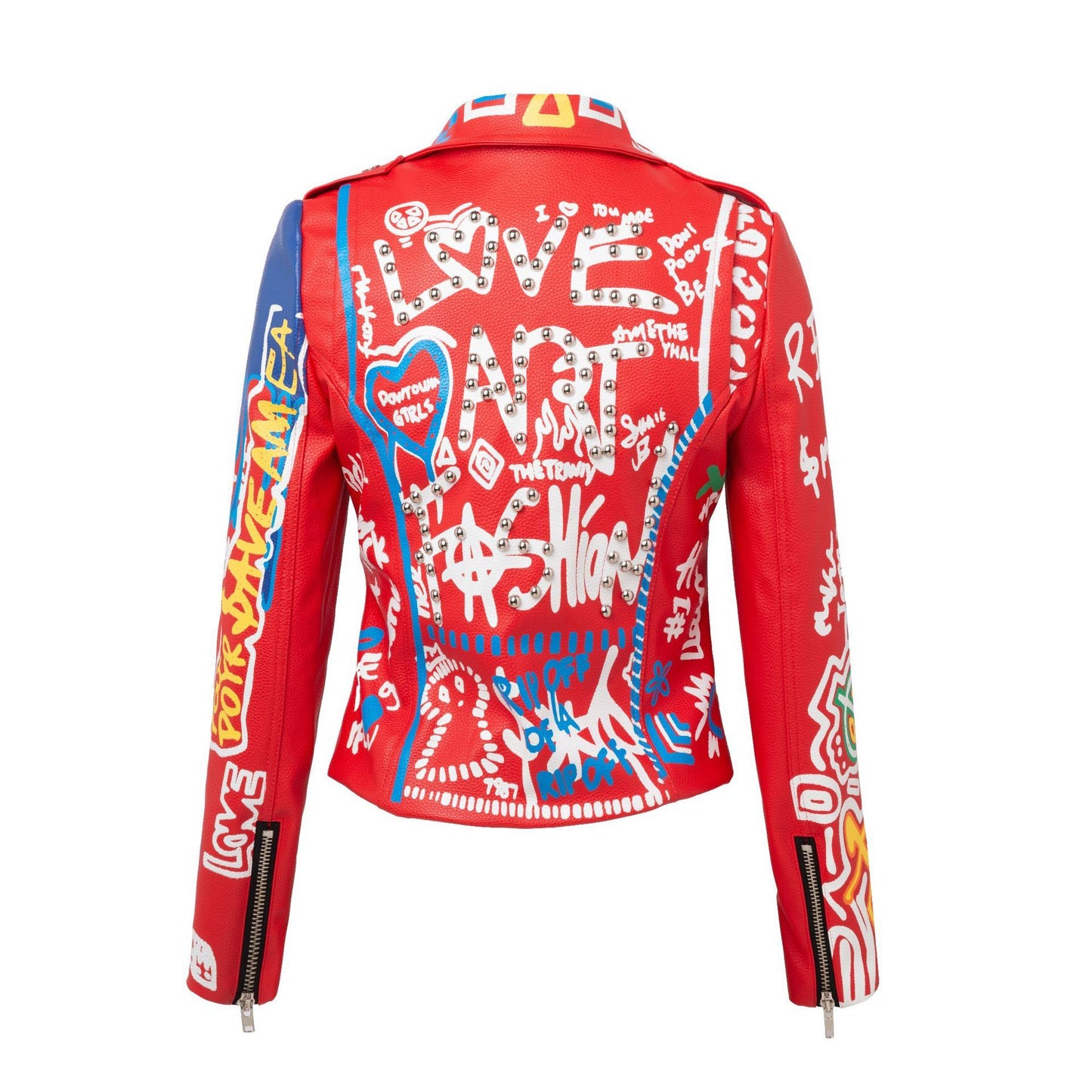 Lapel Slim Motorcycle Long Sleeve Graffiti Belt Red Leather Women