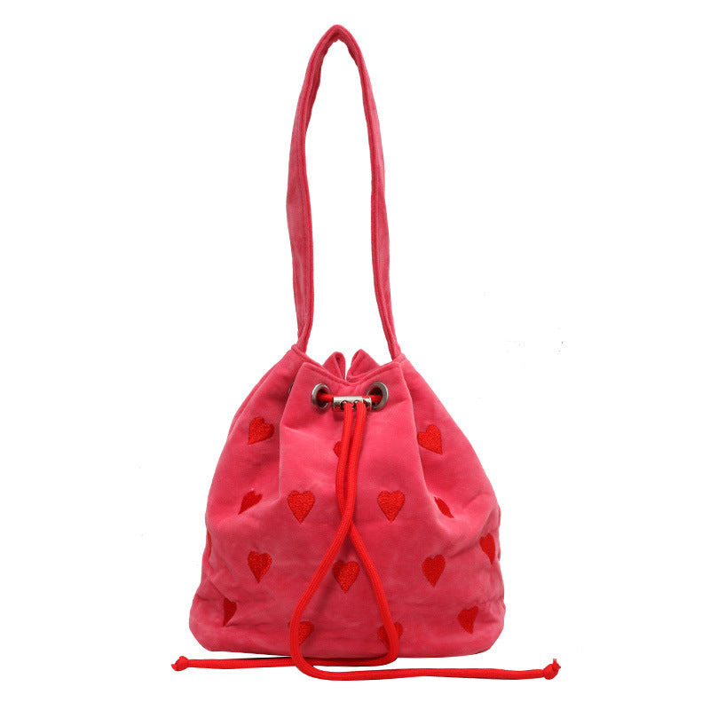 Embroidery Love Pull-belt Shoulder Messenger Textured Mini Bucket Bag