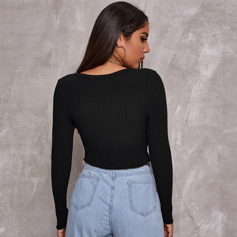 Long Sleeved Crop Cardigan Top Sexy Button Knit T-shirt