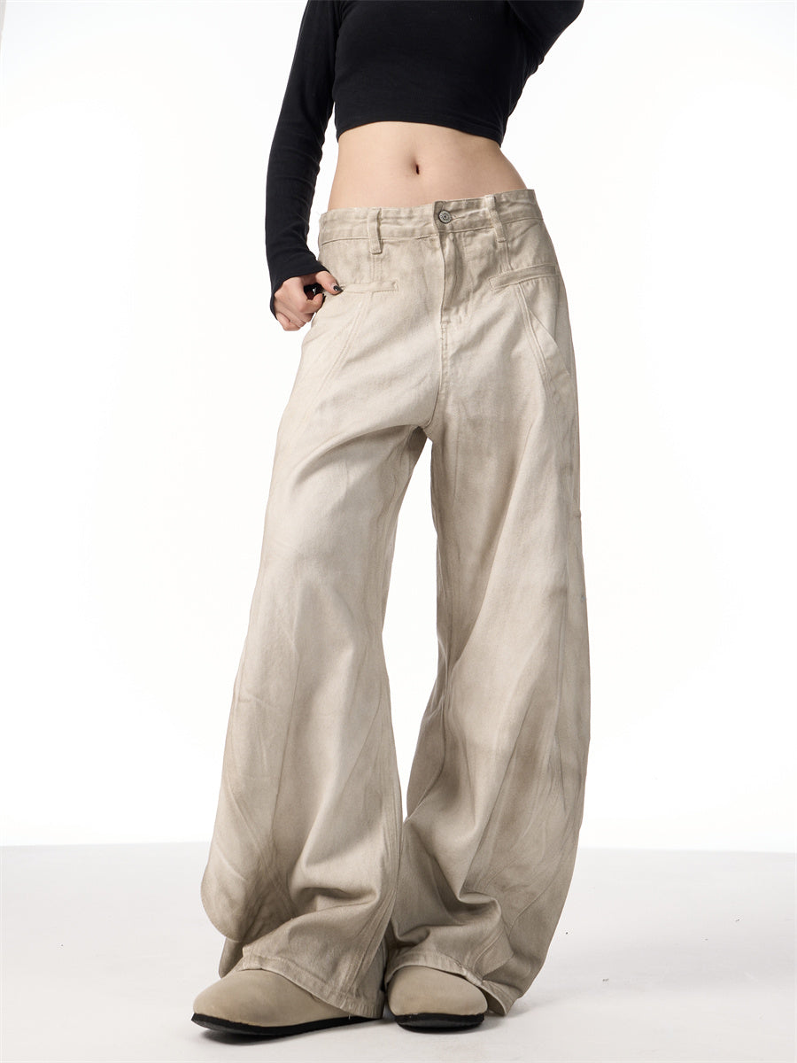 Retro Distressed Dirty White Wide Leg Pants Casual Trousers