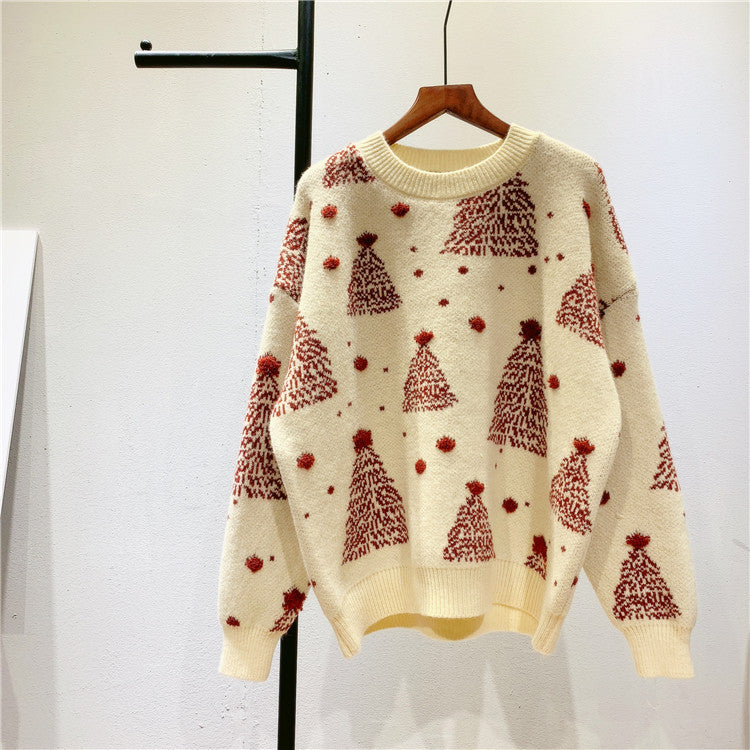 Red Christmas Tree Jacquard Warm Sweater Women