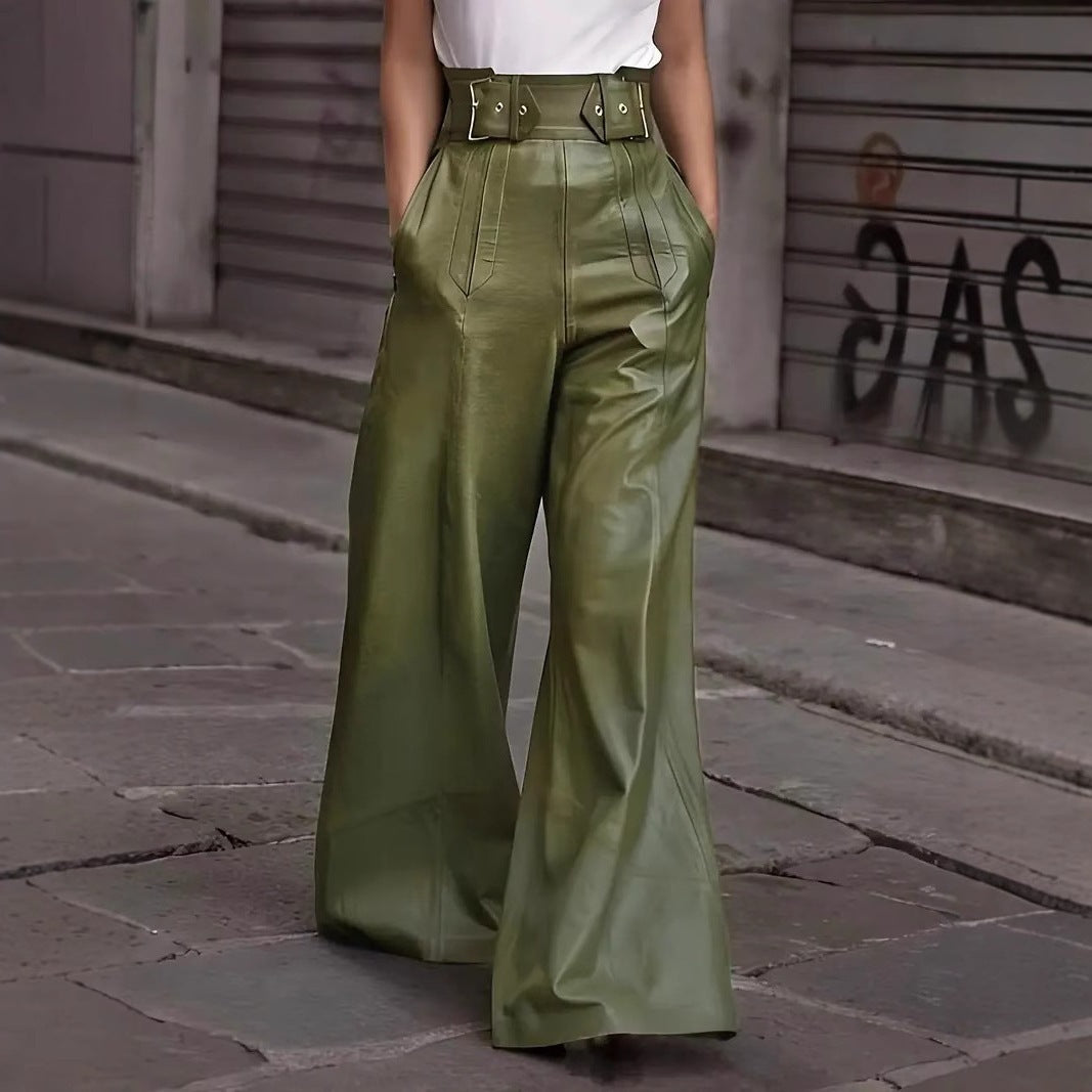 Fashion Leather High Waist Pocket Casual Trousers