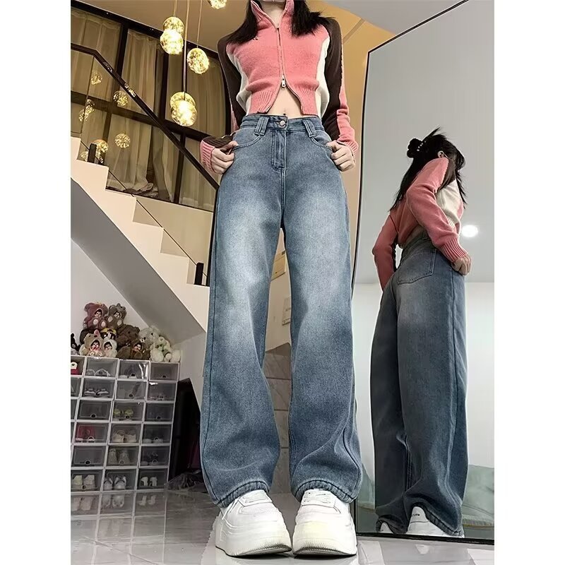 Fleece-lined Thick Jeans Female High Waist Straight Pants