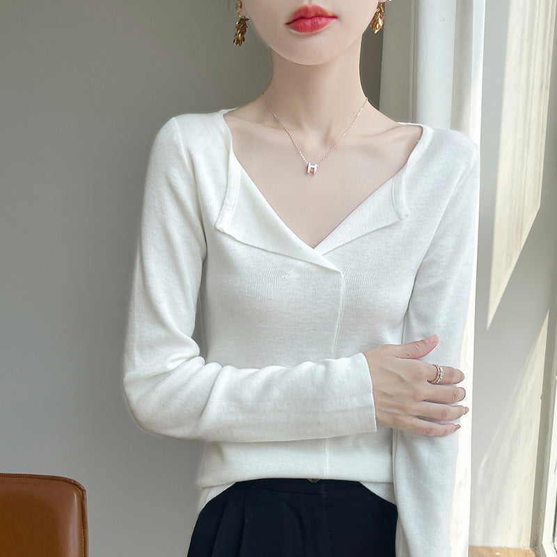 French Retro Half V-neck Knitted Bottoming Shirt For Women Slim Fit Slimming