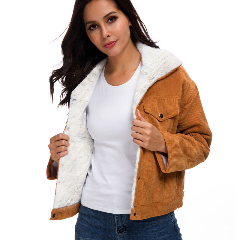 Corduroy lambskin padded jacket long