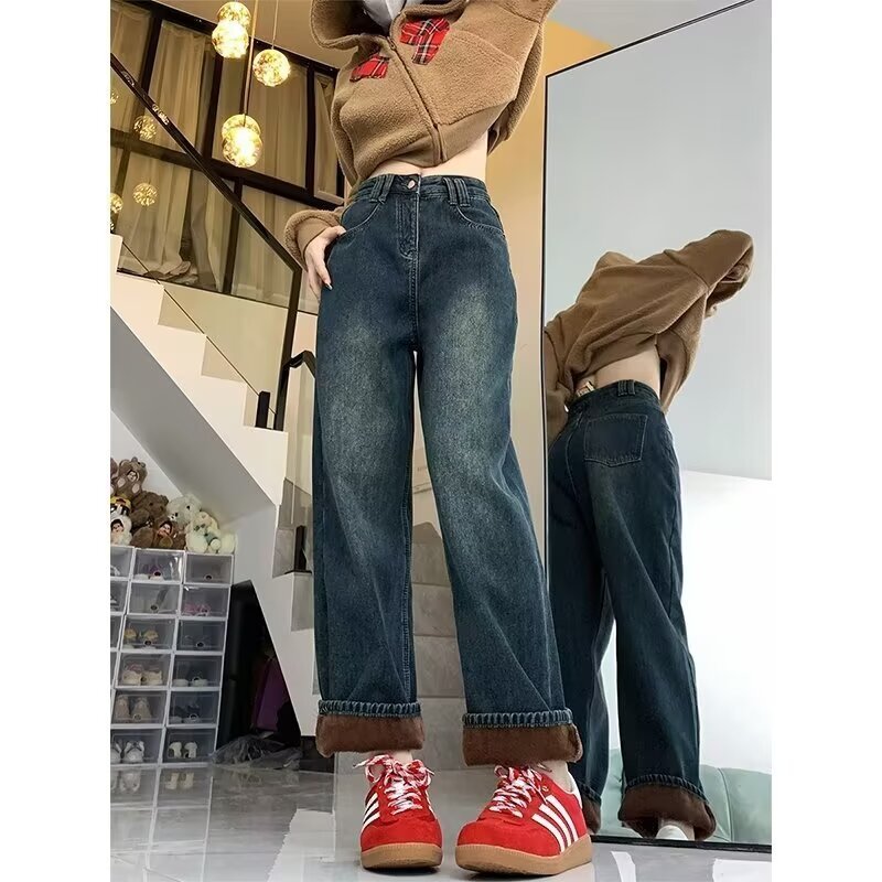 Fleece-lined Thick Jeans Female High Waist Straight Pants