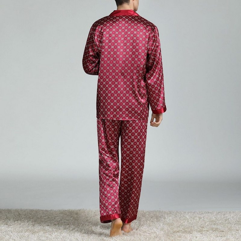 Men's Printed Silk Pajamas Spring And Summer Long-Sleeved Suit