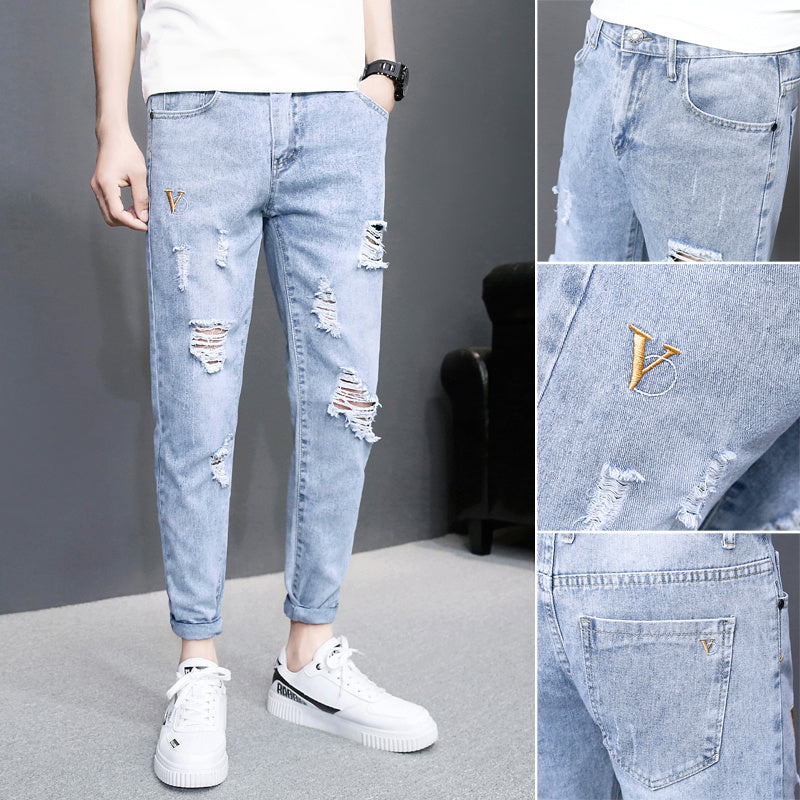 Autumn black ripped ankle jeans men