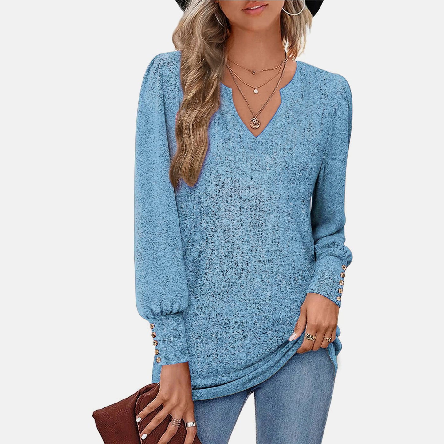 Women's Sweater Solid Color And V-neck Casual Waist Puff Sleeve Button Long Sleeve Top