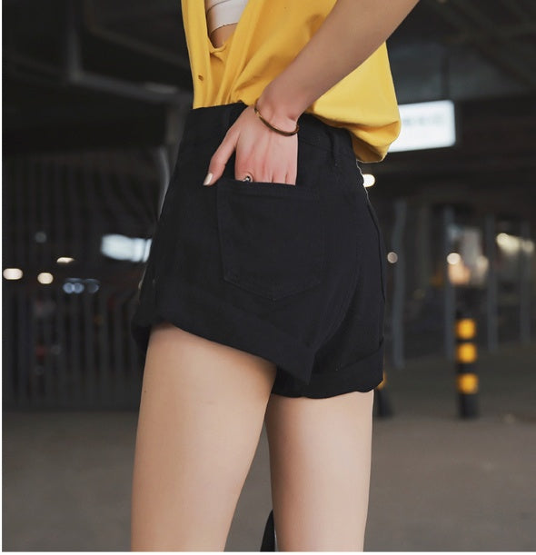 High waist denim shorts female elastic waist waist cuff wide leg pants shorts loose new retro Korean version