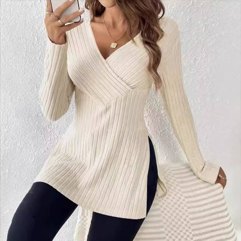 Long Sleeve Solid Color And V-neck Leisure Pajamas Sunken Stripe Top