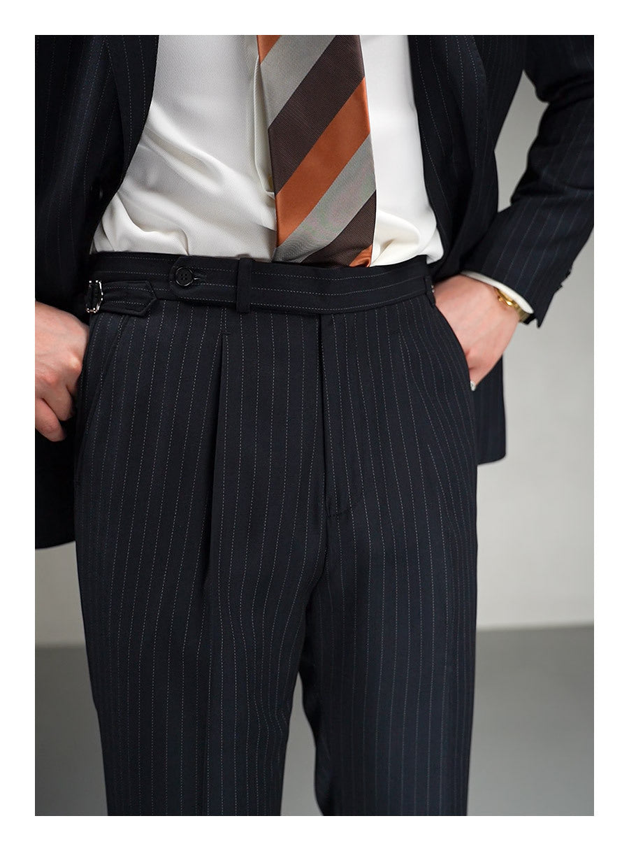 Autumn Wool Blended Single Pleated Striped Suit Pants