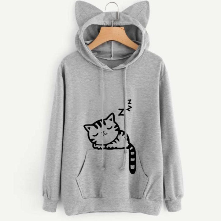 Female Women Casual Hoodies Sweatshirt Long Sleeve Hoody Cute Ears Printed Hoodies Tracksuit outerwear Sweatshirt