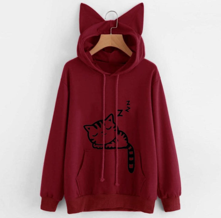 Female Women Casual Hoodies Sweatshirt Long Sleeve Hoody Cute Ears Printed Hoodies Tracksuit outerwear Sweatshirt