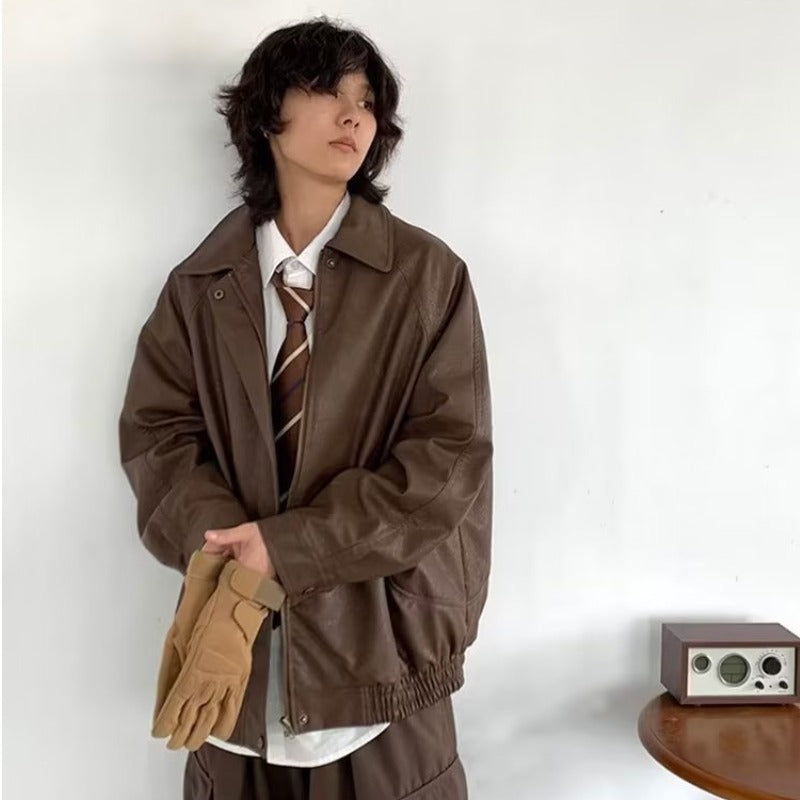 Japanese-style Retro Distressed Lapel Pu Jacket