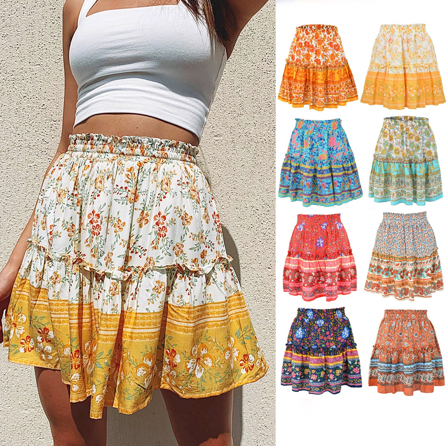 Cowinner Women's Bohemian Flower Print High Waist Ruffle Skirt Flared Boho A-Line Pleated Mini Skirt S-XL