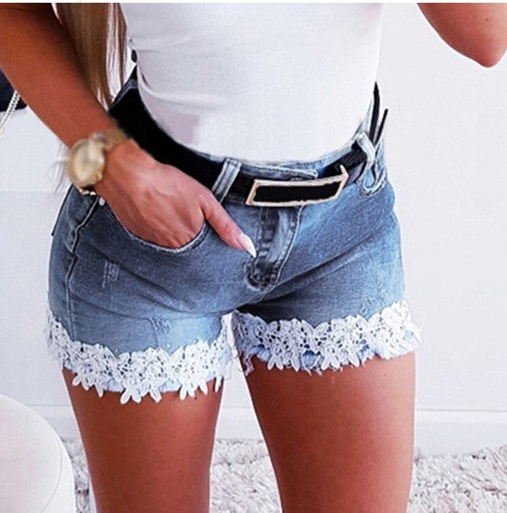 Loose Slim High-Waisted Jeans Lace Shorts