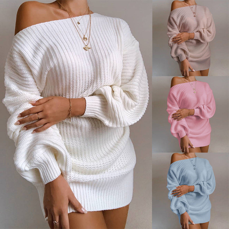 OrangeA Women Off Shoulder Knitted Sweater Dress Autumn  Winter Loose Long Sleeve Solid Ladies Tunic Elegant Streetwear Dresses