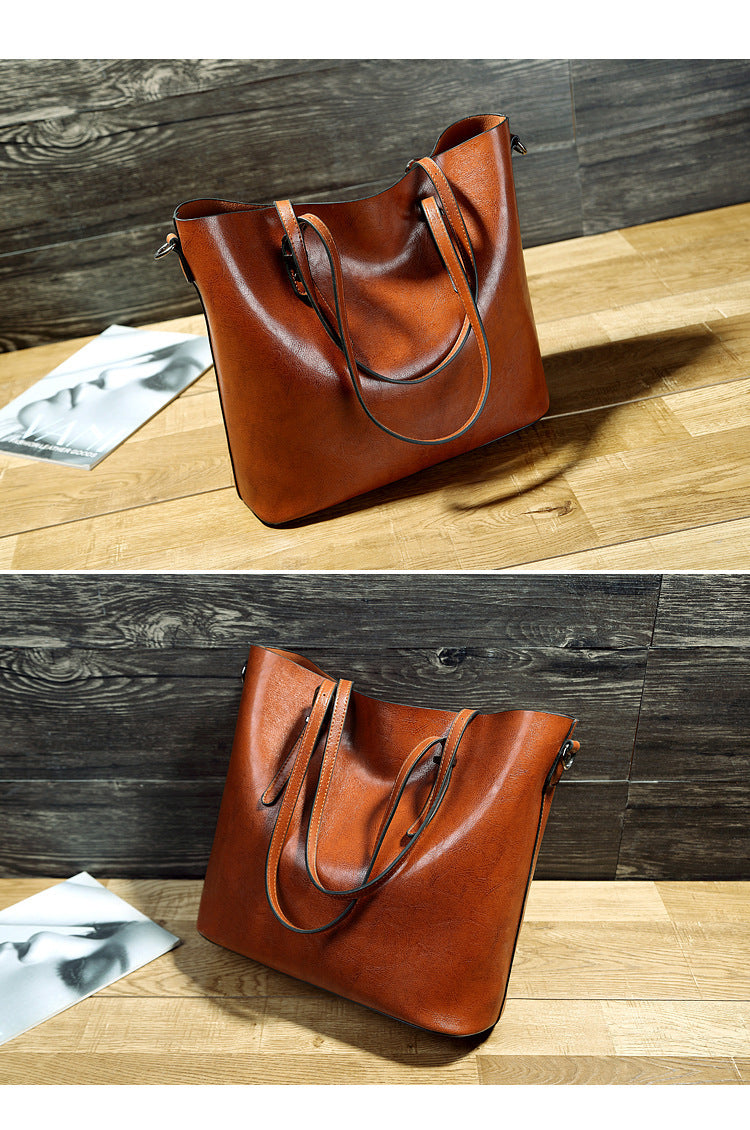 Simple Oil Wax Leather Shoulder Messenger Portable Tote Bag