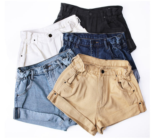 High waist denim shorts female elastic waist waist cuff wide leg pants shorts loose new retro Korean version