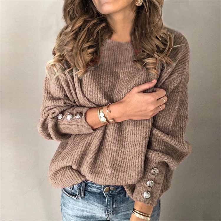 Long Sleeve Round Neck Button Knit T-shirt