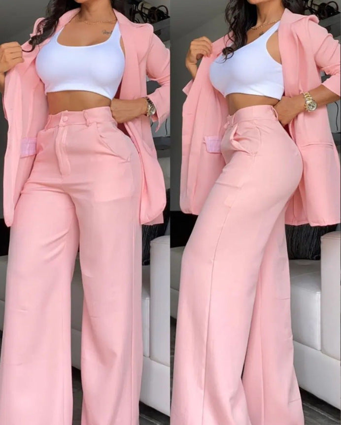 Plain Color Sleeve Lapel Suit Pocket Straight-leg Pants Suit