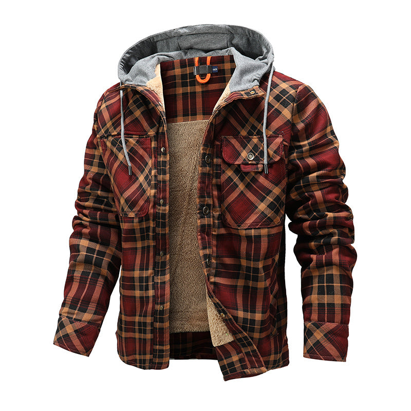 Men Warm Jacket Fleece Lining Lumberjack Plaid Hooded Jackets Snap Button